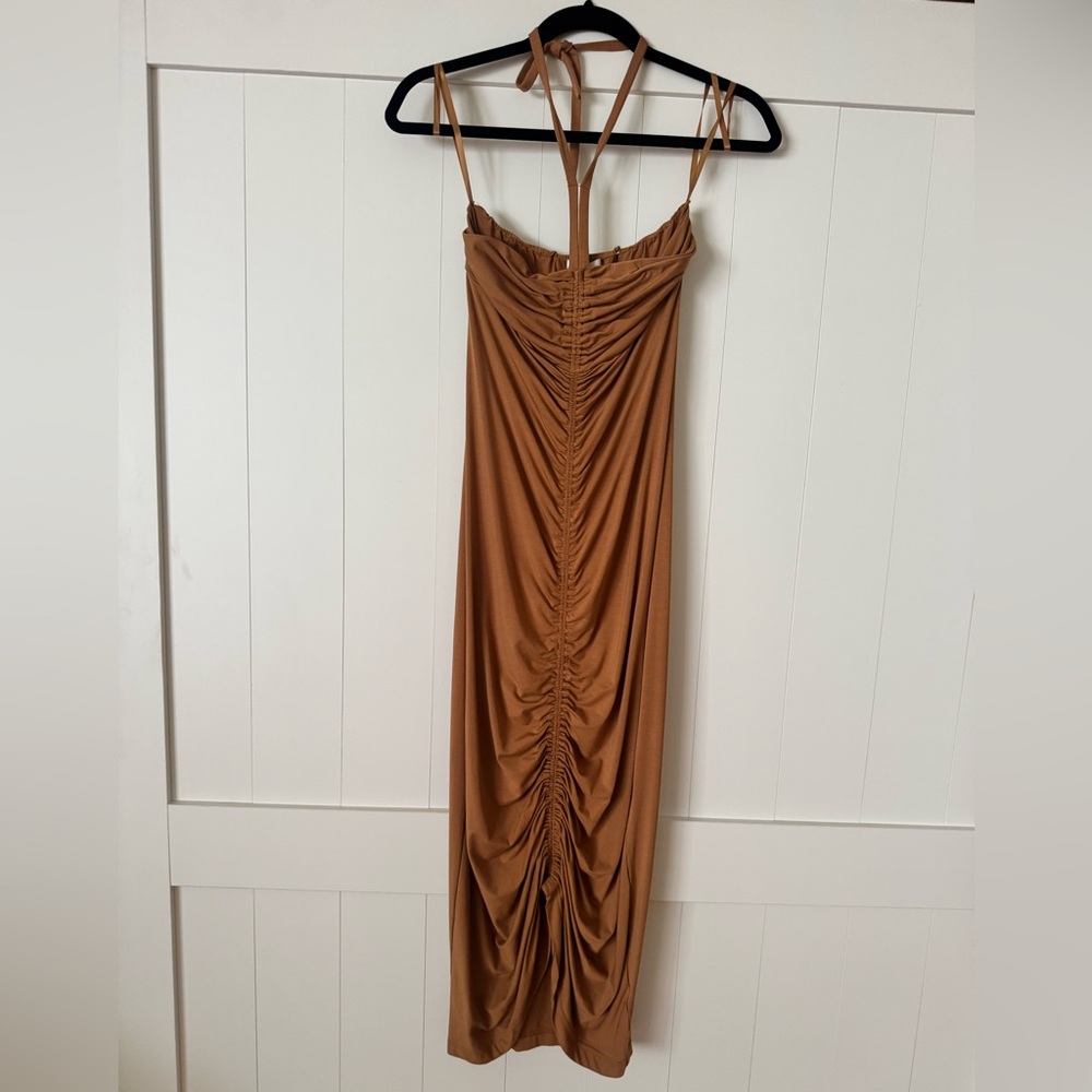 Ronny Kobo Collection Ruched Tan Maxi Dress